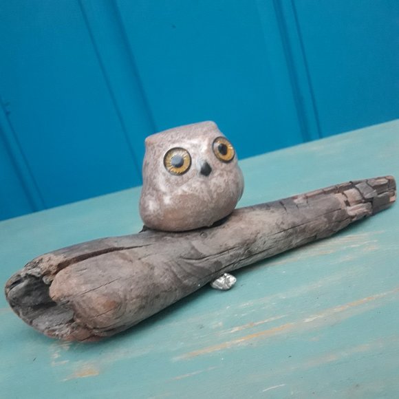 Pottery Clay Owl on Driftwood Artist Signed Glass Eyes Bird Themed Art - Picture 1 of 15